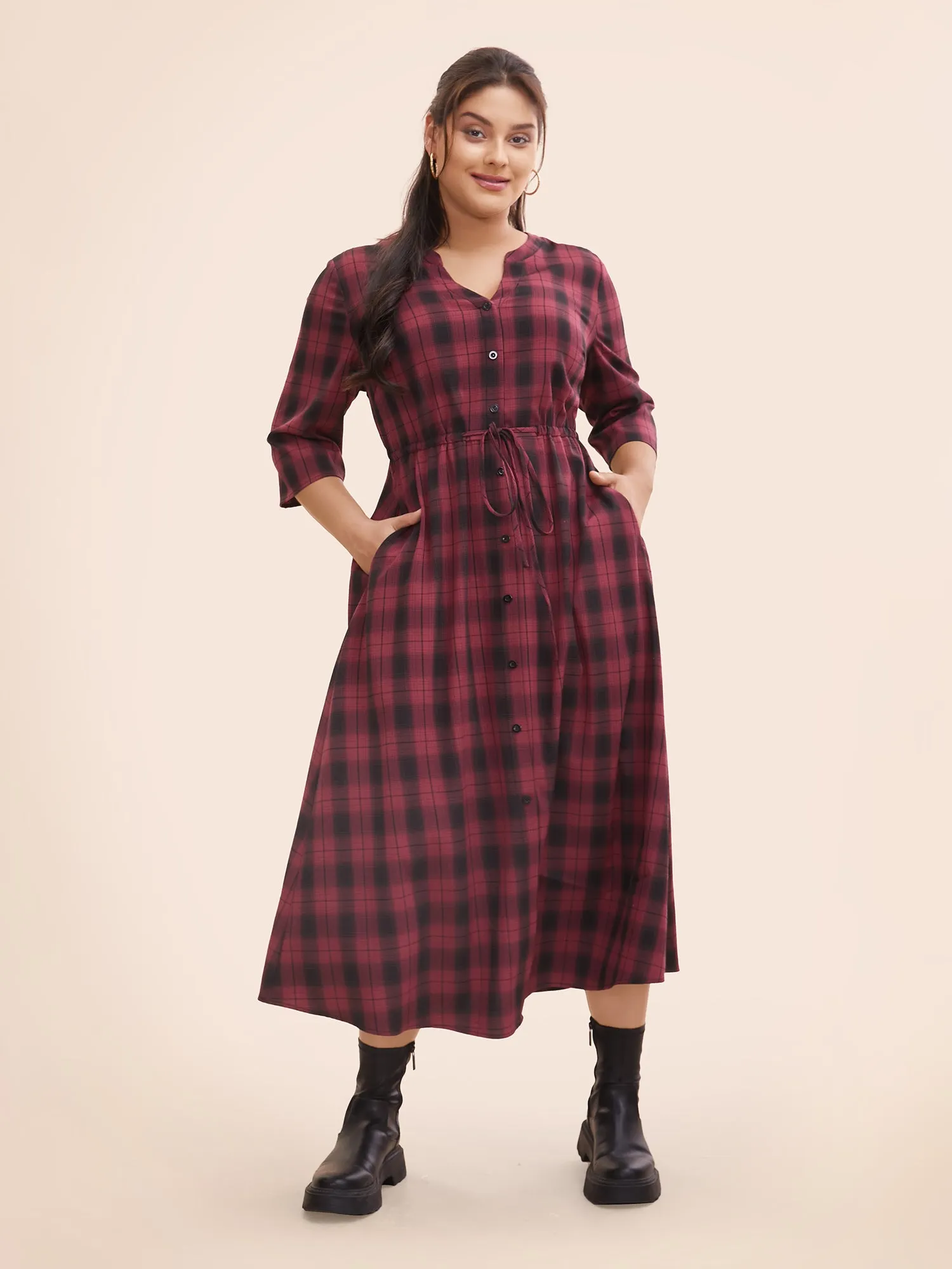 Plaid Drawstring Notched Pocket Maxi Dress sold by Bloomchic