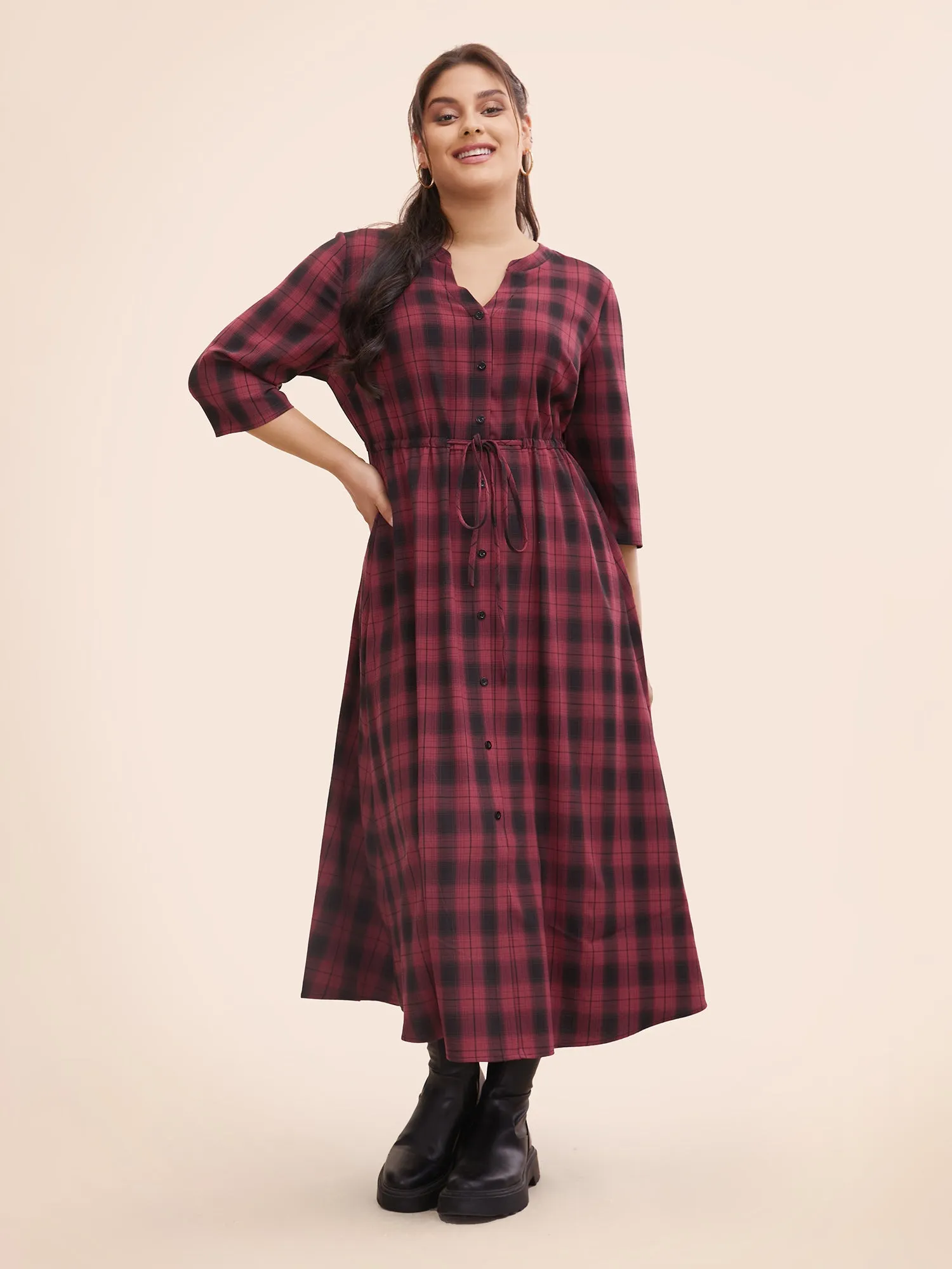 Plaid Drawstring Notched Pocket Maxi Dress sold by Bloomchic product image thumbnail 2