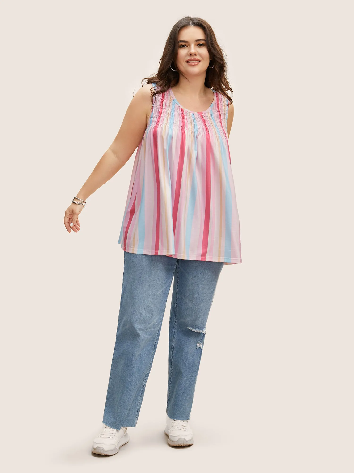 Crew Neck Colored Striped Shirred Tank Top sold by Bloomchic product image thumbnail 3