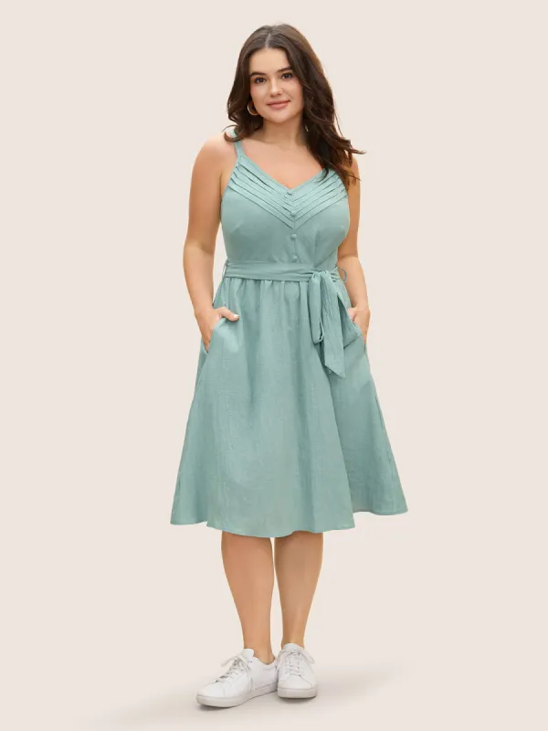 Cotton Solid Pleated Button Detail Belted Dress sold by Bloomchic