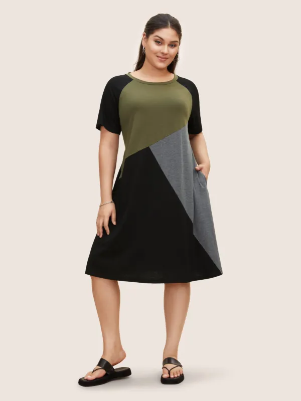 Round Neck Colorblock Contrast Raglan Sleeve Dress sold by Bloomchic