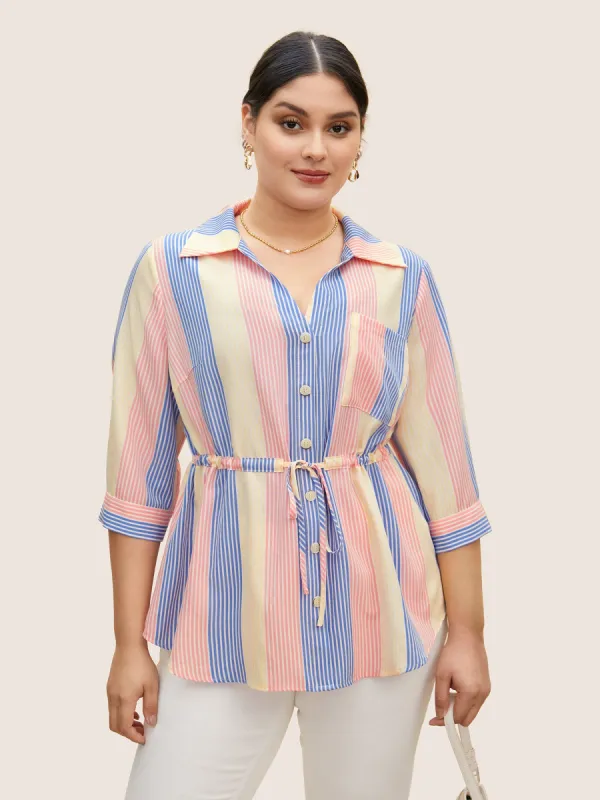 Contrast Striped Drawstring Patched Pocket Blouse sold by Bloomchic