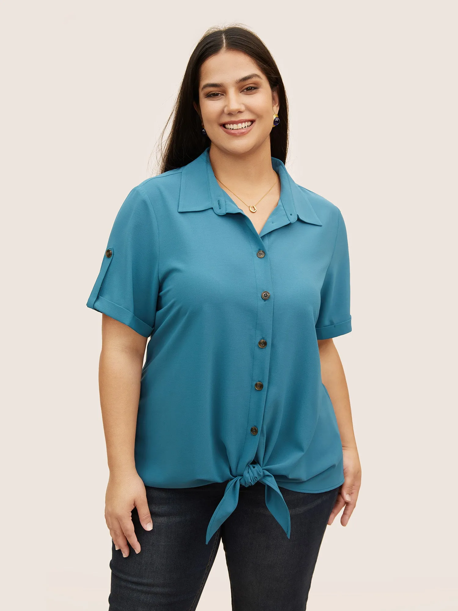 Shirt Collar Tie Knot Tab Sleeve Blouse sold by Bloomchic