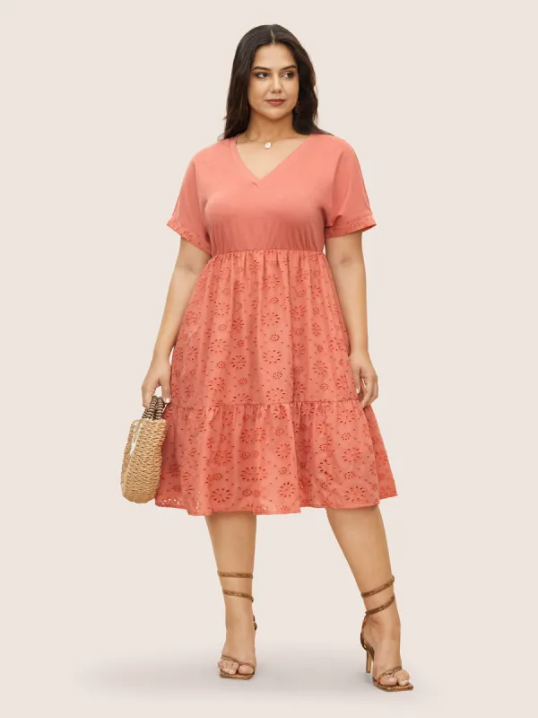 Plisse Broderie Anglaise Patchwork Ruffle Hem Dress sold by Bloomchic