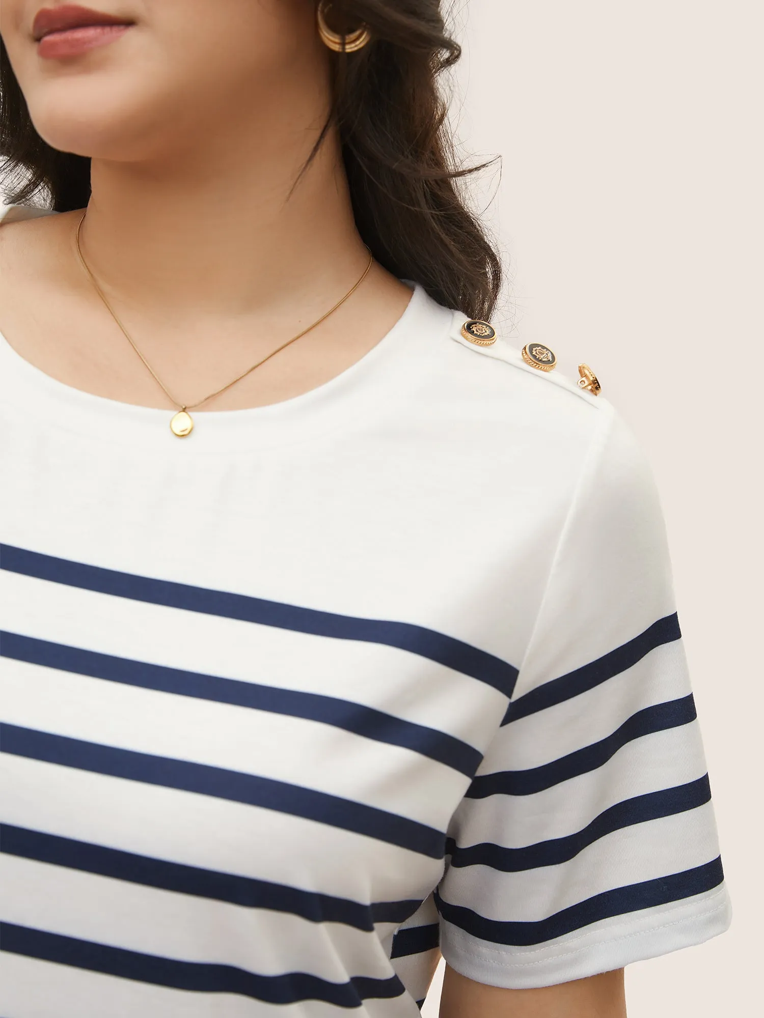 Striped Contrast Round Neck Button Detail T-shirt sold by Bloomchic product image thumbnail 4