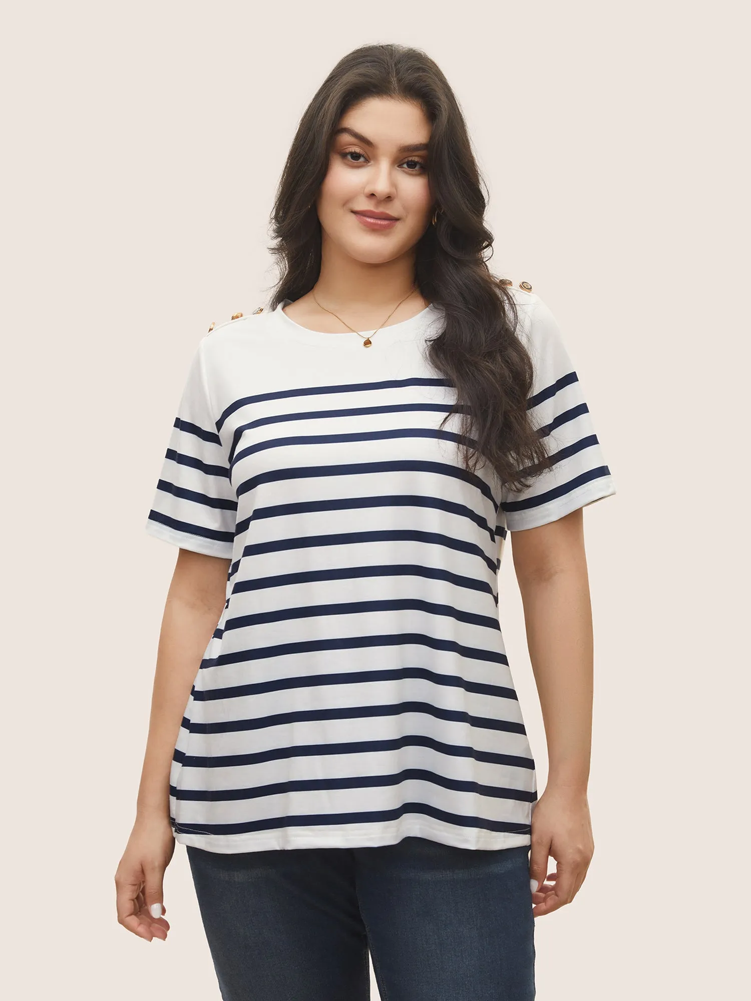 Striped Contrast Round Neck Button Detail T-shirt sold by Bloomchic