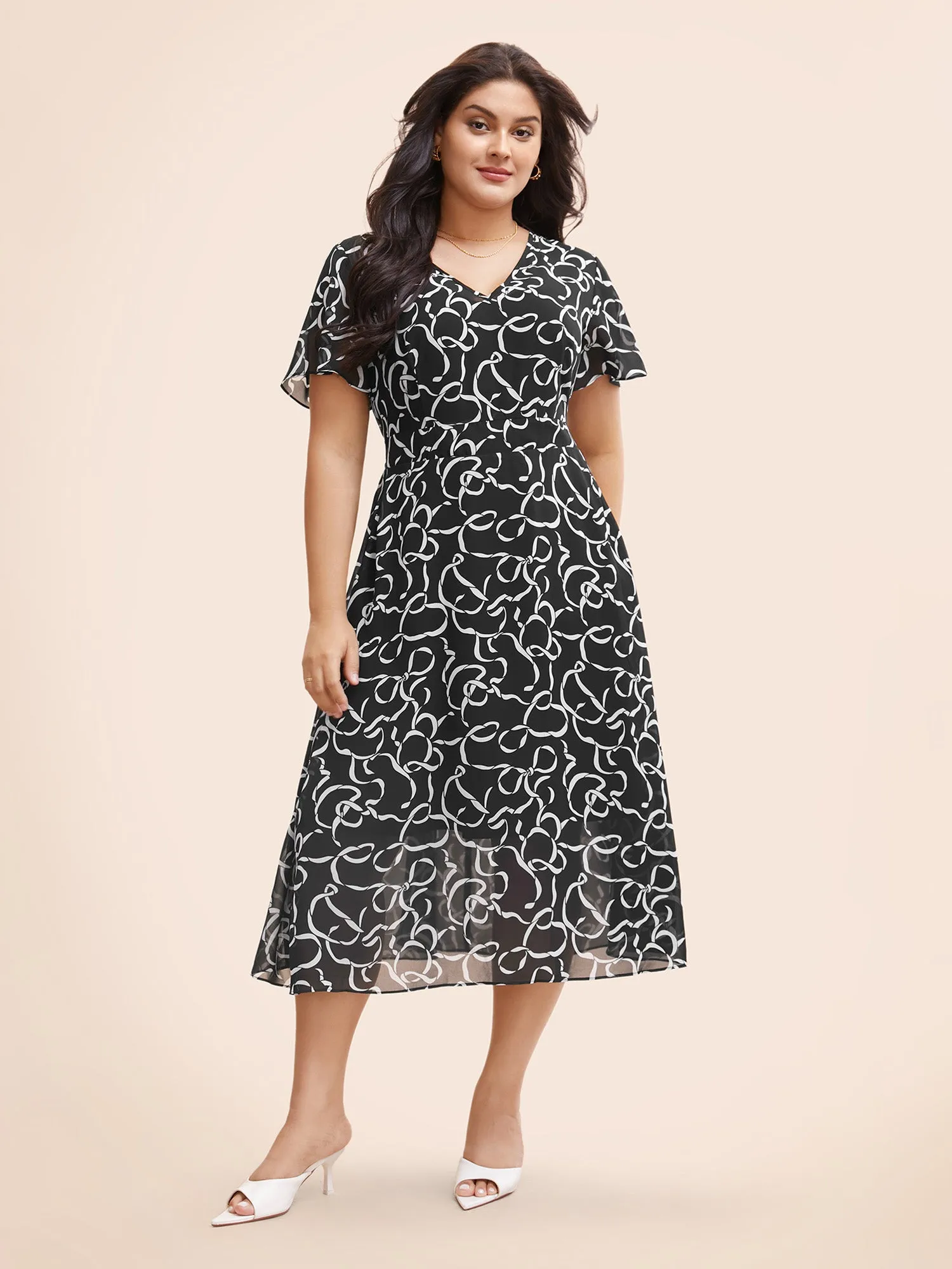 Chiffon Bowknot Print Ruffle Sleeve Midi Dress sold by Bloomchic product image thumbnail 2