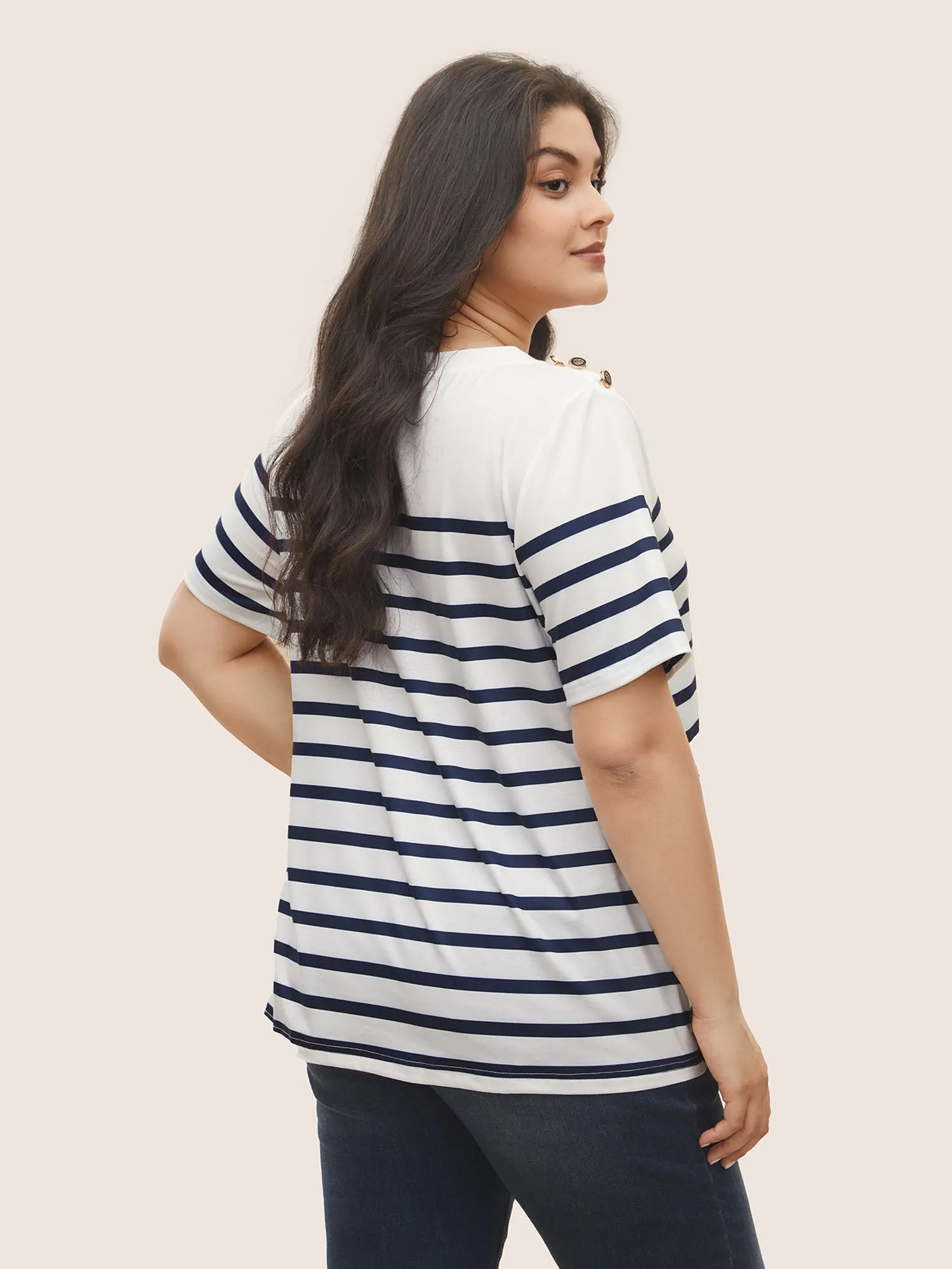 Striped Contrast Round Neck Button Detail T-shirt sold by Bloomchic product image thumbnail 2
