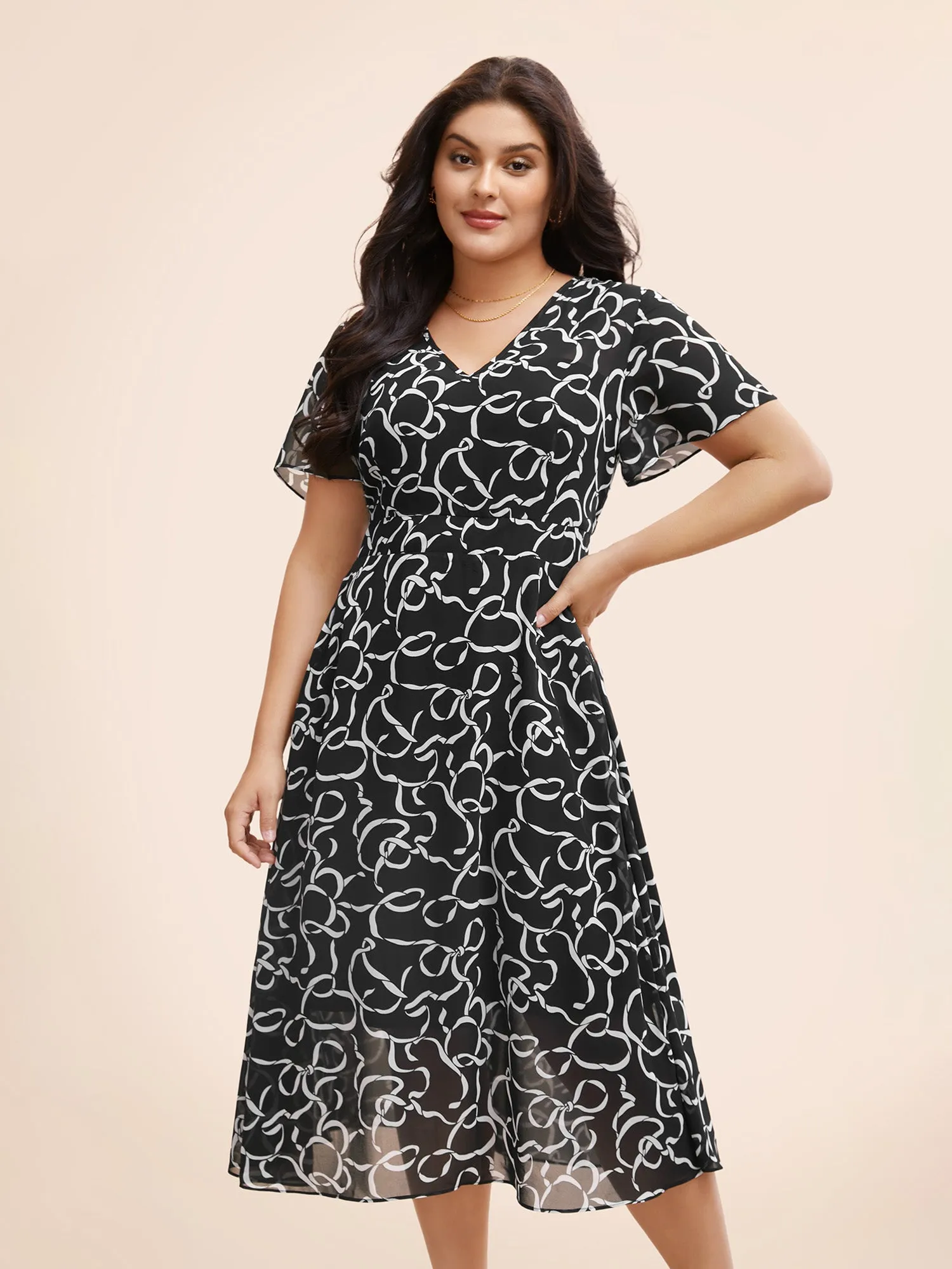 Chiffon Bowknot Print Ruffle Sleeve Midi Dress sold by Bloomchic