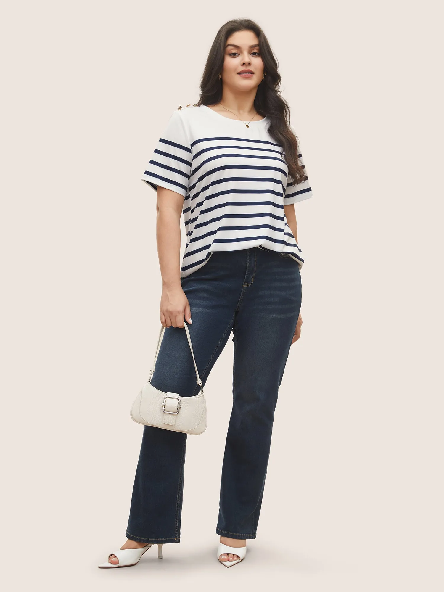 Striped Contrast Round Neck Button Detail T-shirt sold by Bloomchic product image thumbnail 3