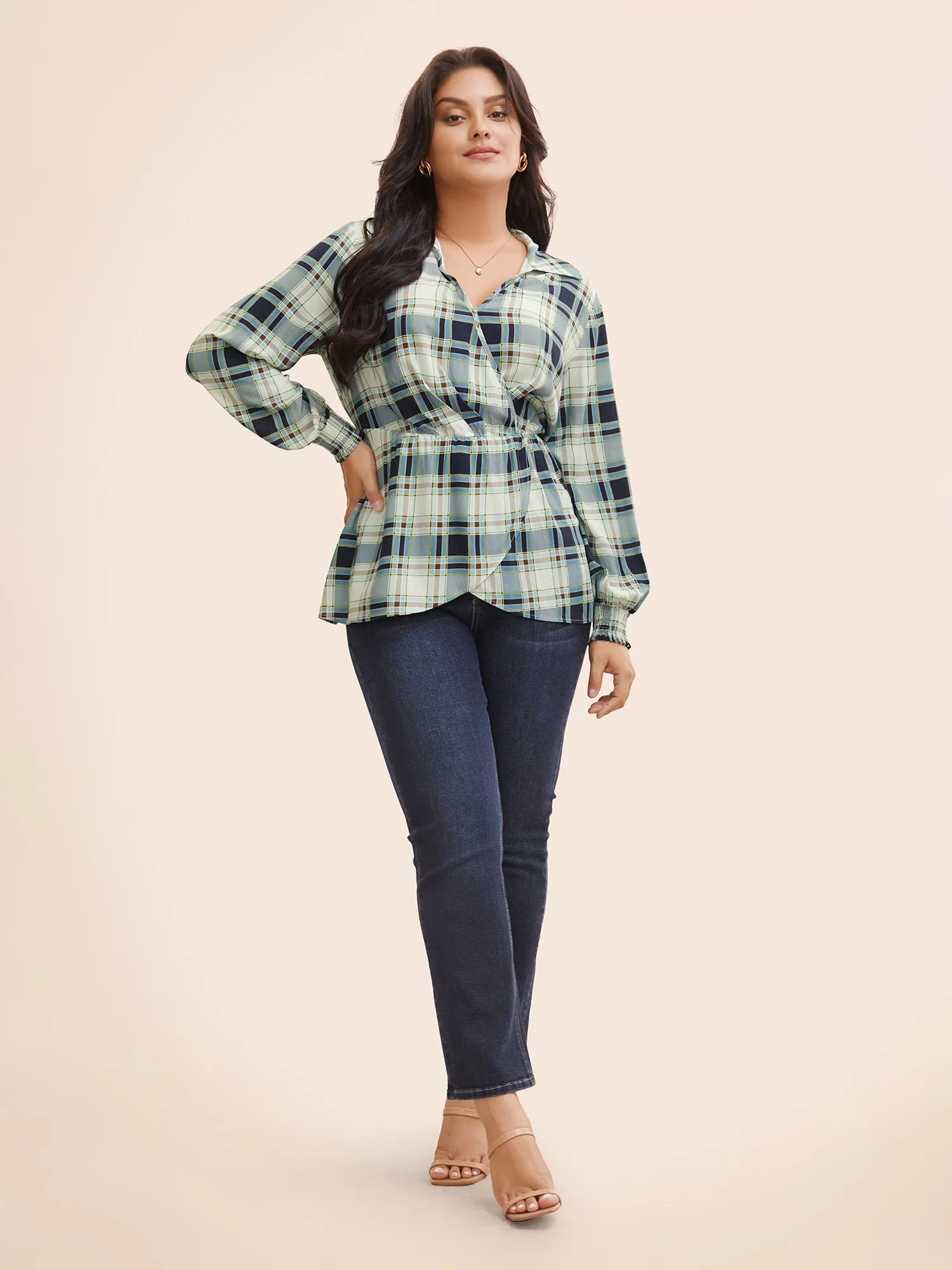 Plaid Shirt Collar Elastic Waist Shirred Blouse sold by Bloomchic product image thumbnail 2