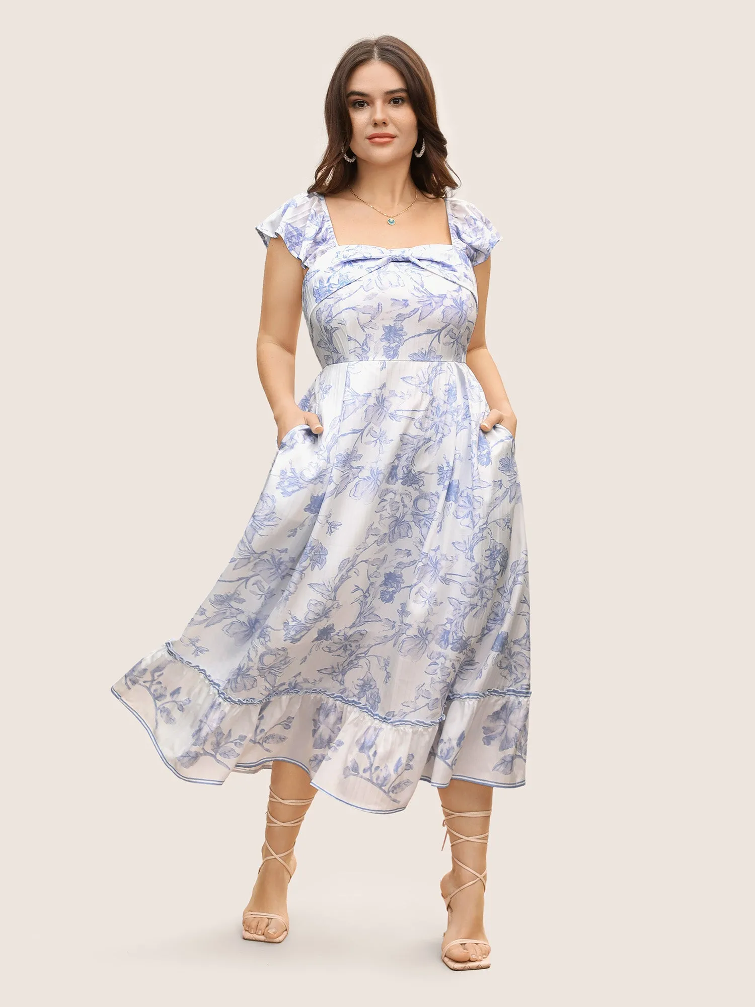 Square Neck Floral Twist Ruffle Cap Sleeve Dress sold by Bloomchic