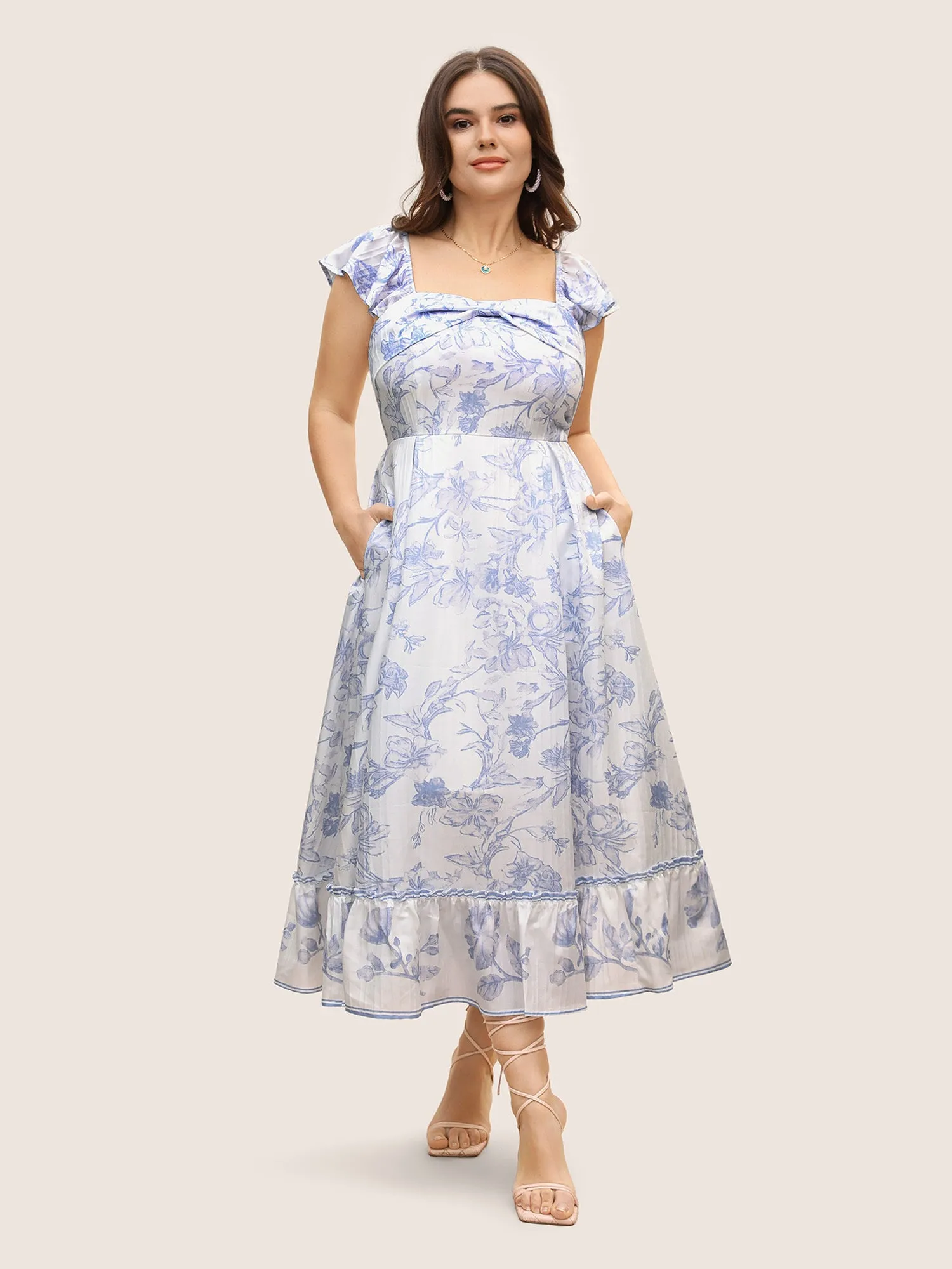 Square Neck Floral Twist Ruffle Cap Sleeve Dress sold by Bloomchic product image thumbnail 2