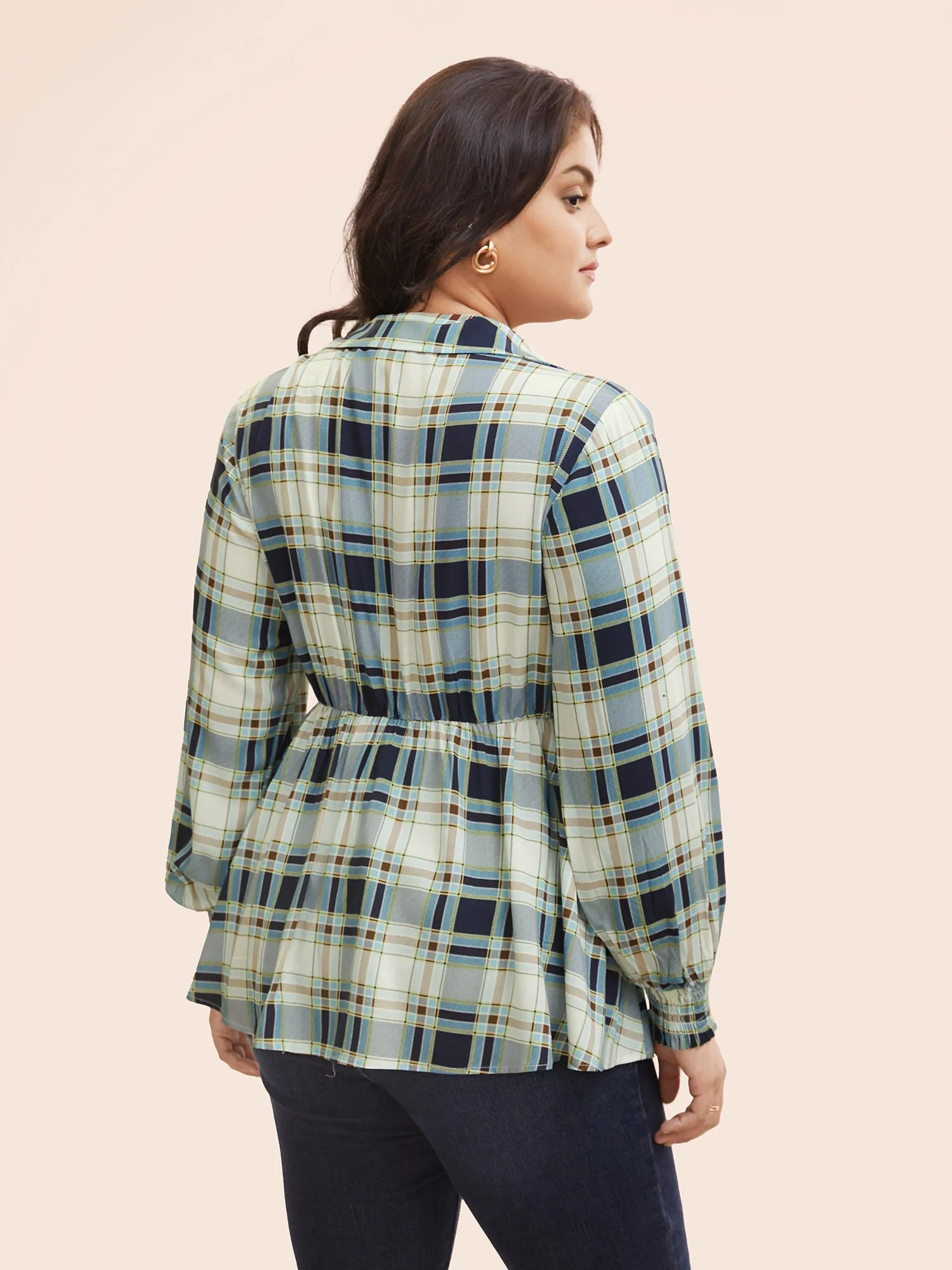 Plaid Shirt Collar Elastic Waist Shirred Blouse sold by Bloomchic product image thumbnail 4
