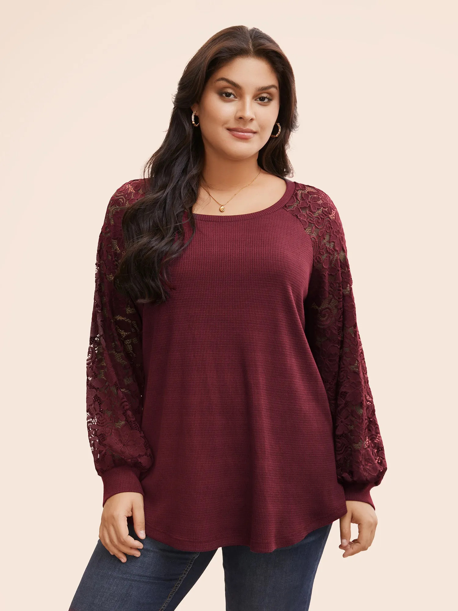Plain Lace Panel Round Neck Raglan Sleeve T-shirt sold by Bloomchic