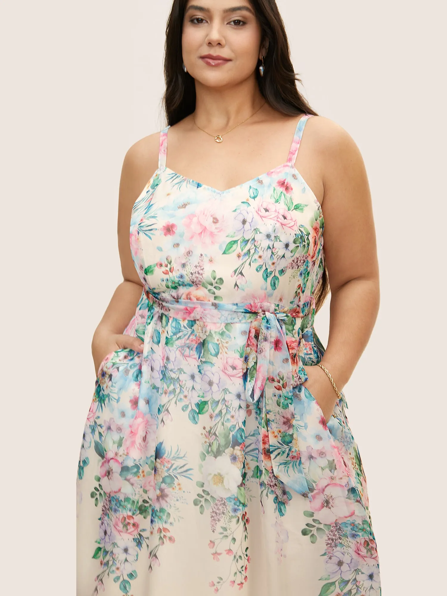 Floral Mesh Elastic Waist Belted Cami Dress sold by Bloomchic product image thumbnail 4