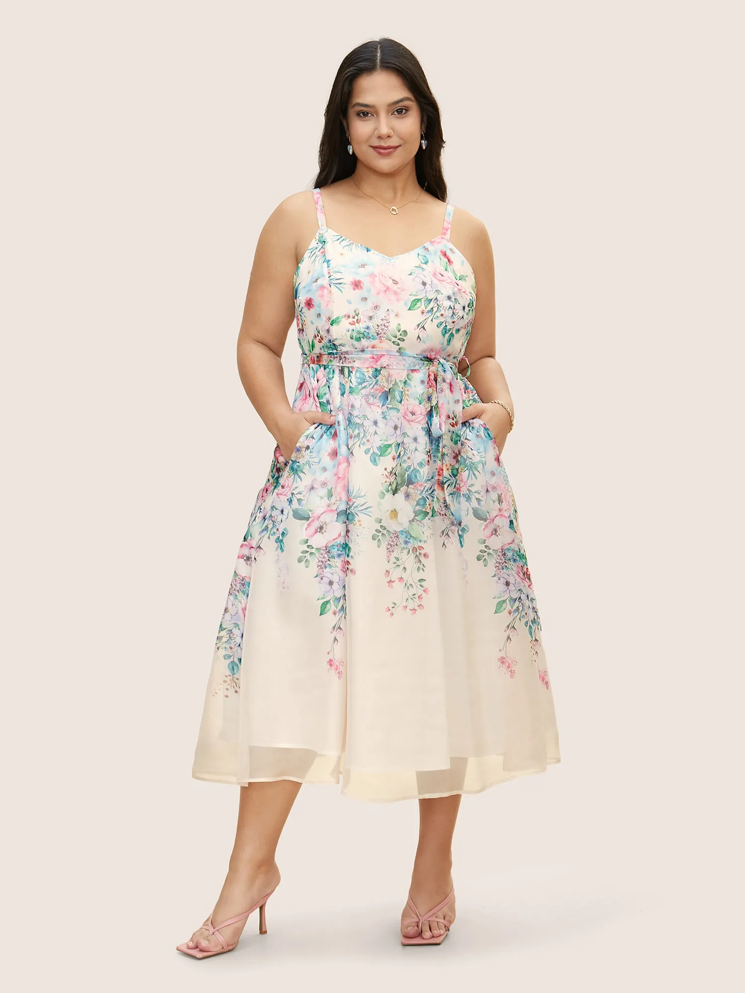 Floral Mesh Elastic Waist Belted Cami Dress sold by Bloomchic product image thumbnail 2