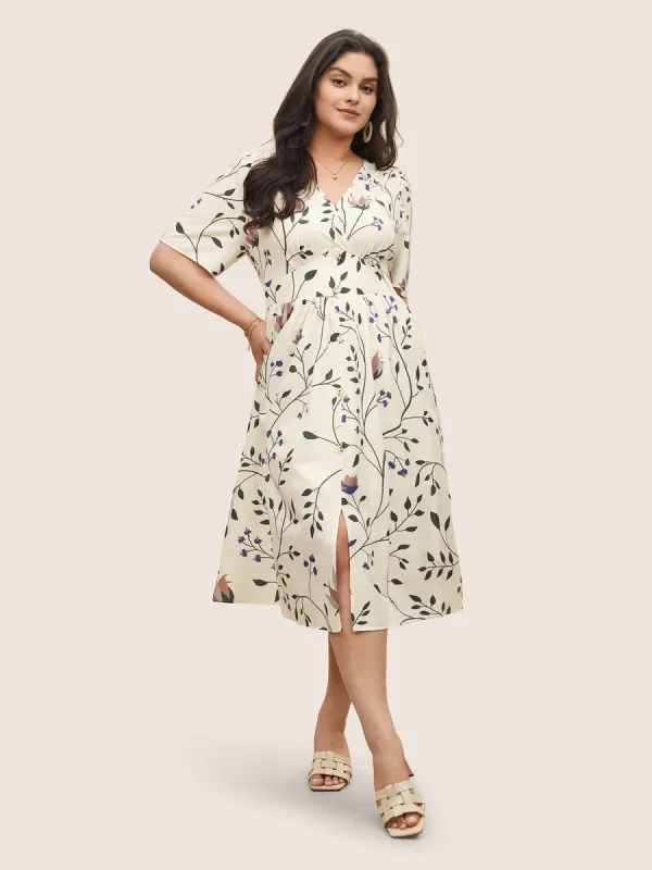 Plants Print Elastic Waist Gathered Wrap Dress sold by Bloomchic