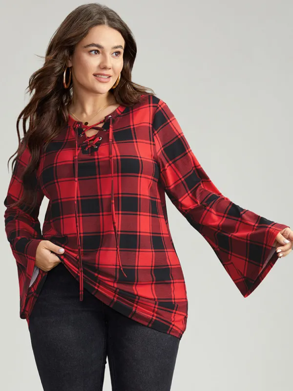 Plaid Lace Up Tie Neck Bell Sleeve T-shirt sold by Bloomchic