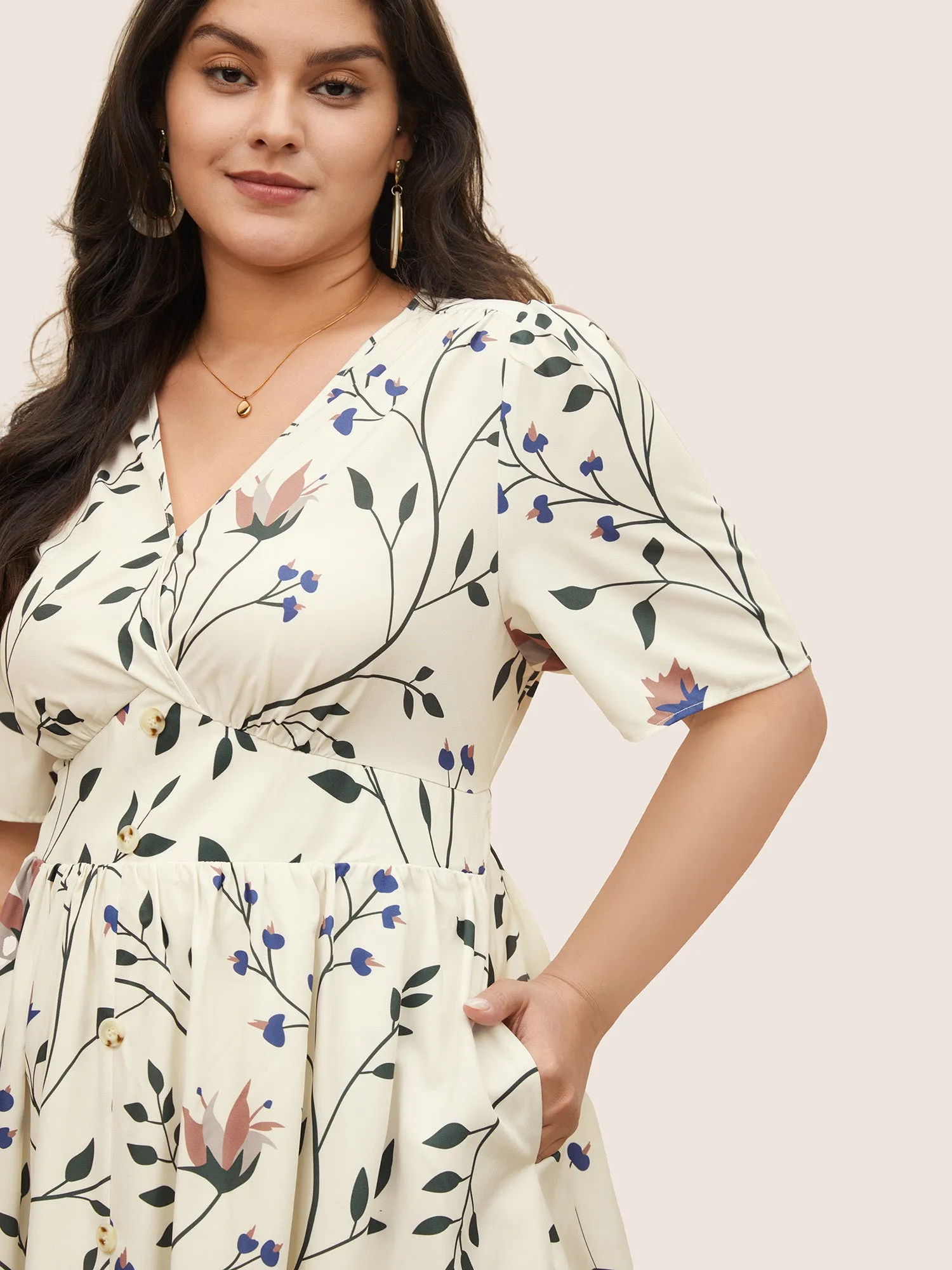 Plants Print Elastic Waist Gathered Wrap Dress sold by Bloomchic product image thumbnail 2