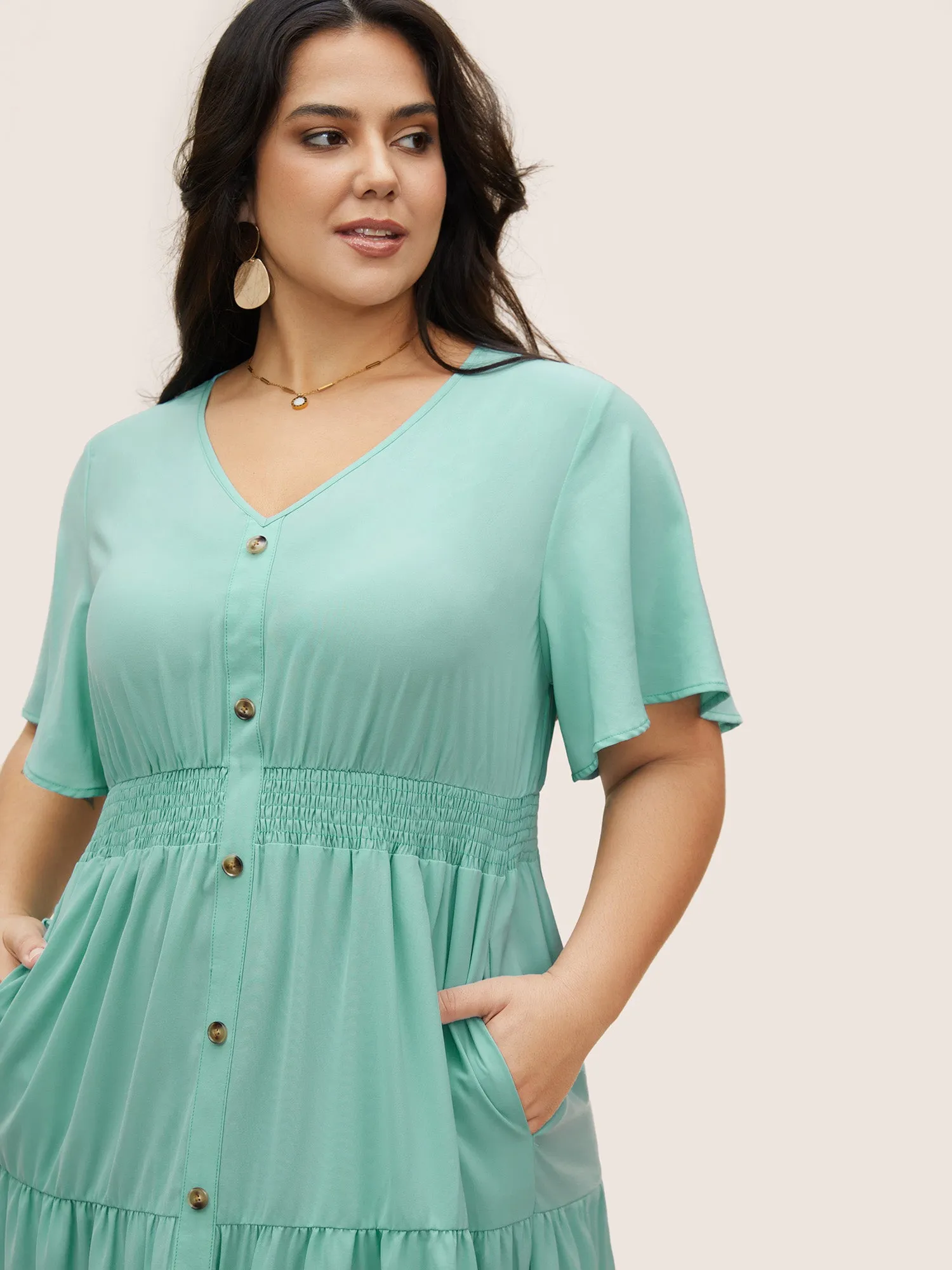 V Neck Shirred Ruffle Layered Hem Dress sold by Bloomchic product image thumbnail 4