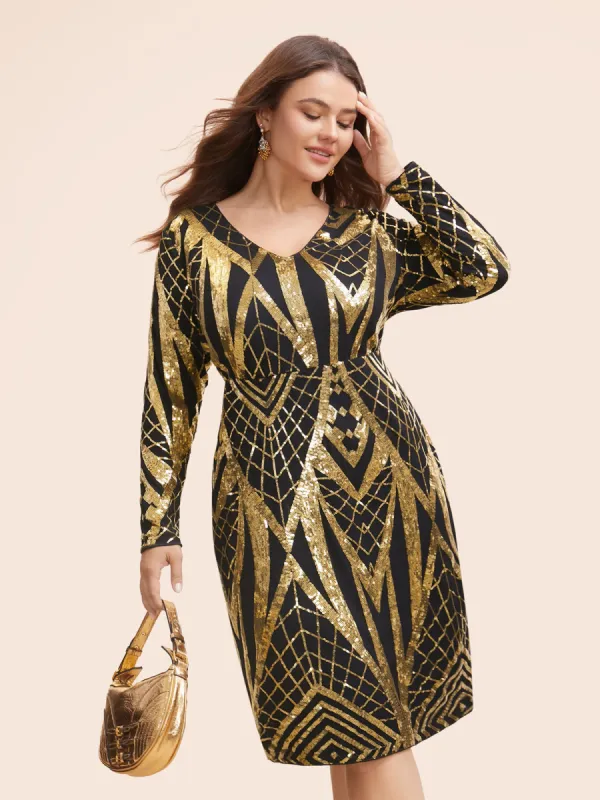 V Neck Geometric Sequin Dress sold by Bloomchic