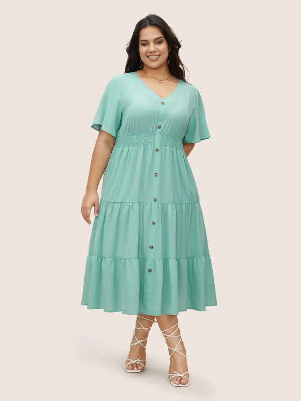 V Neck Shirred Ruffle Layered Hem Dress sold by Bloomchic