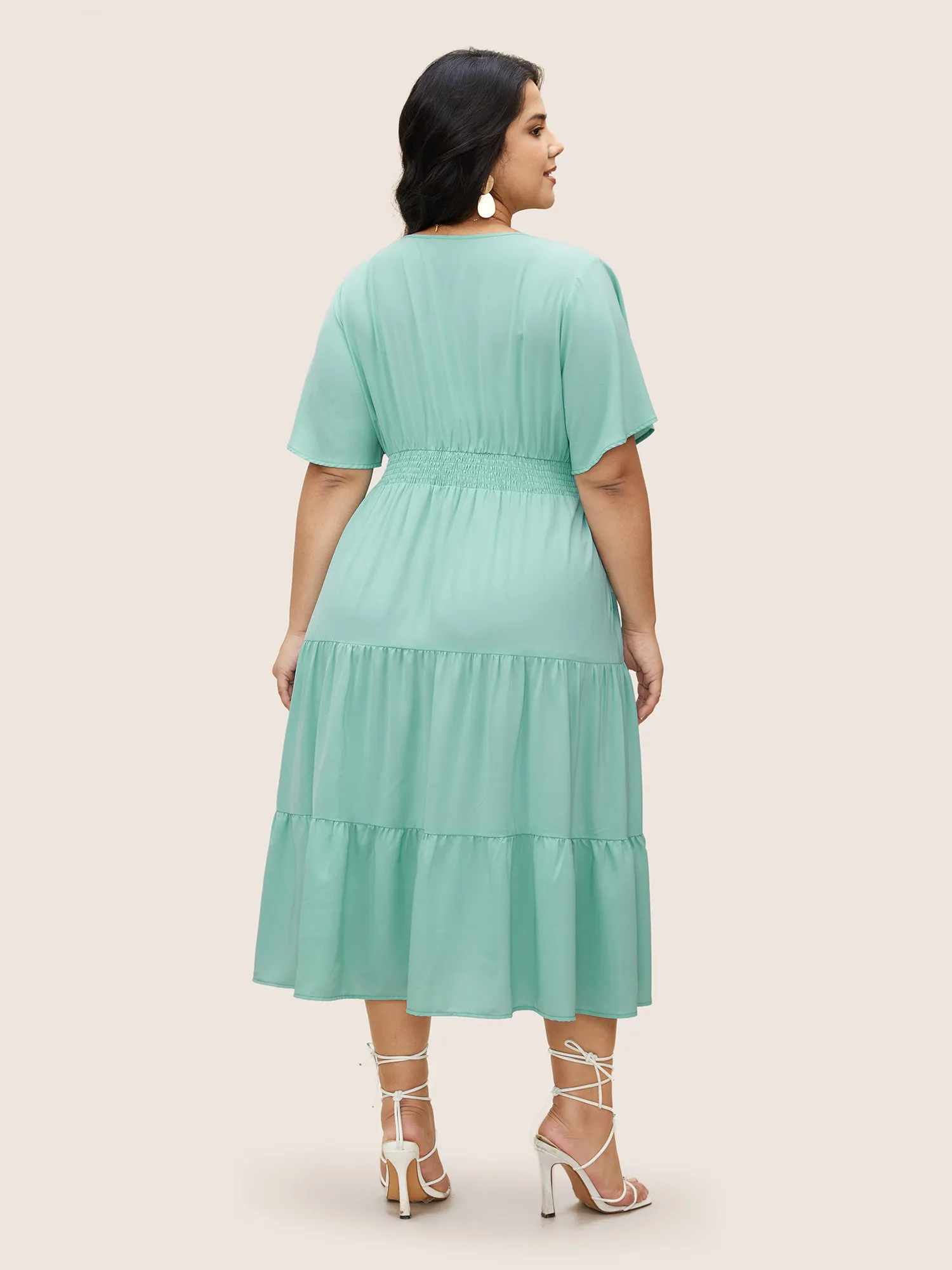 V Neck Shirred Ruffle Layered Hem Dress sold by Bloomchic product image thumbnail 3