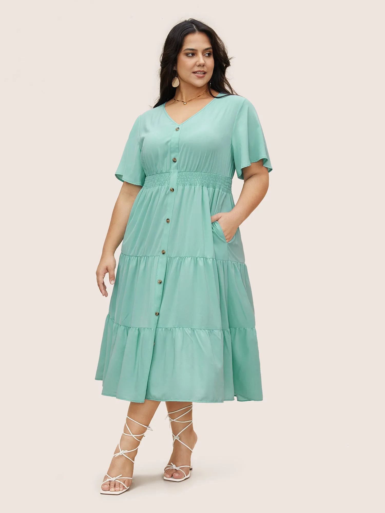 V Neck Shirred Ruffle Layered Hem Dress sold by Bloomchic product image thumbnail 2