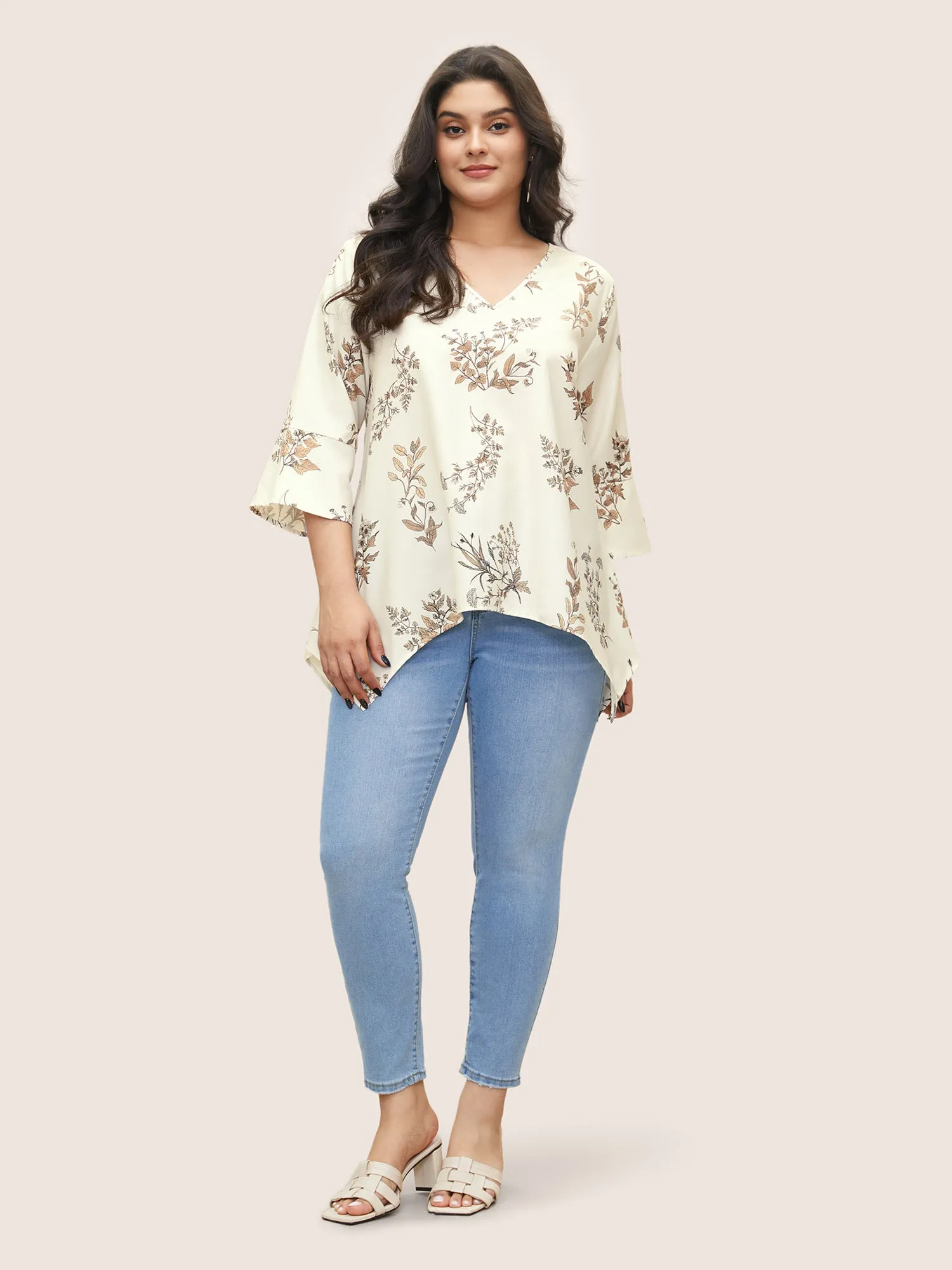 Plants Print Asymmetrical Hem Bell Sleeve Blouse sold by Bloomchic product image thumbnail 2