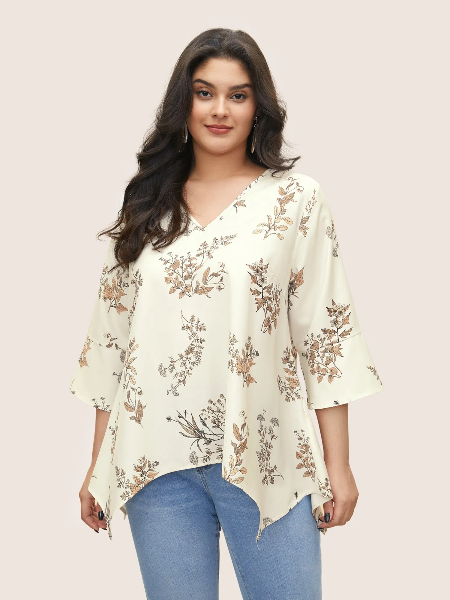 Plants Print Asymmetrical Hem Bell Sleeve Blouse sold by Bloomchic