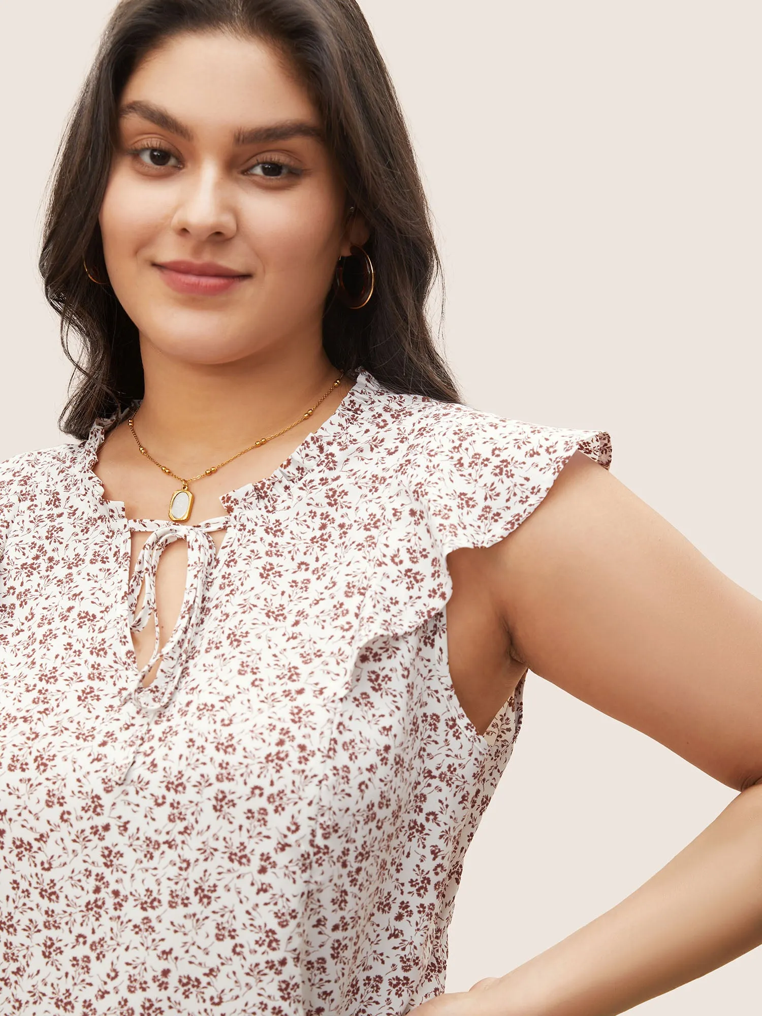 Ditsy Floral Tie Neck Ruffle Cap Sleeve Blouse sold by Bloomchic product image thumbnail 4