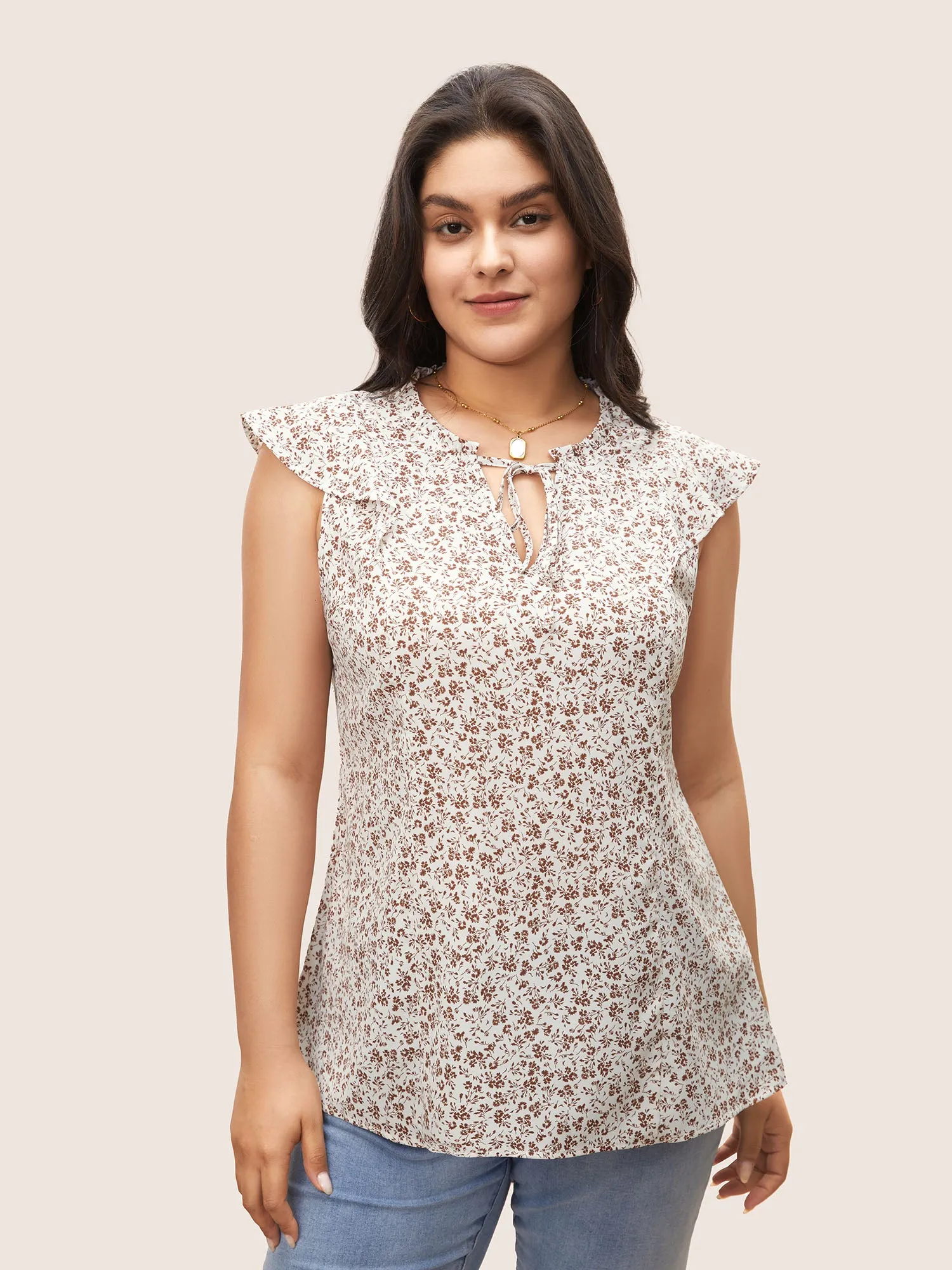 Ditsy Floral Tie Neck Ruffle Cap Sleeve Blouse sold by Bloomchic product image thumbnail 2