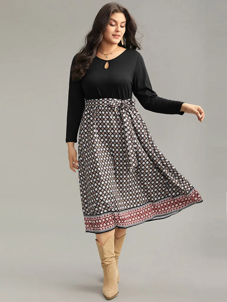 Geometric Patchwork Cut Out Belted Dress sold by Bloomchic