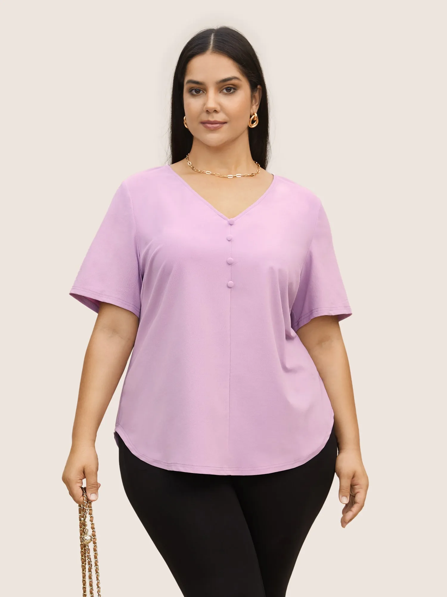 Stretchy Woven Solid Button Detail Blouse sold by Bloomchic