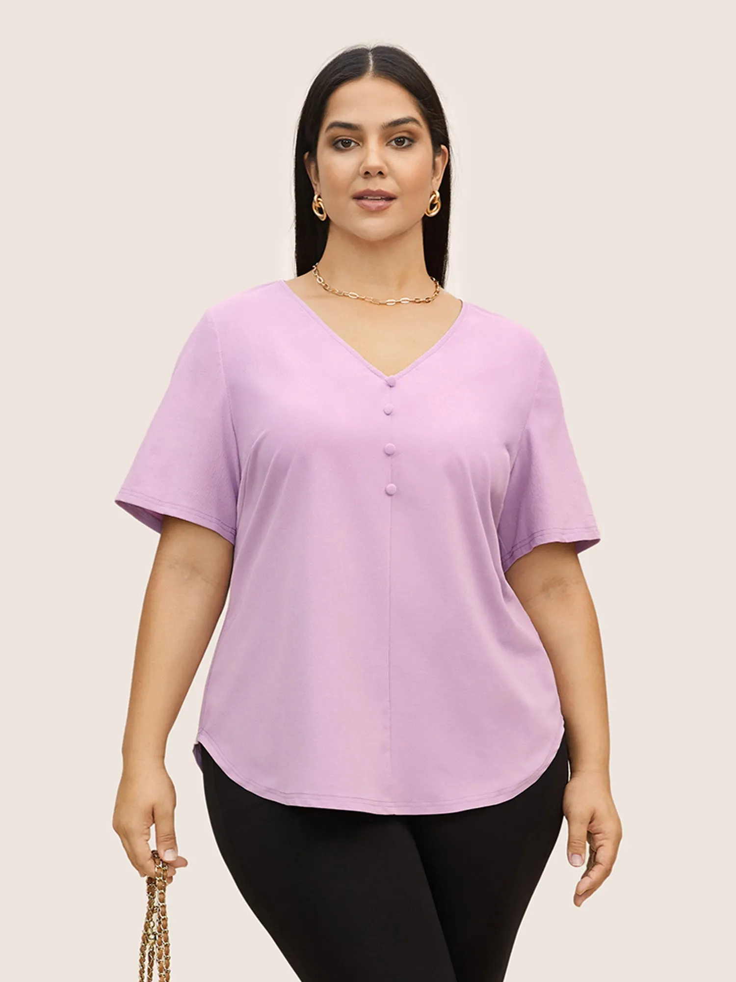 Stretchy Woven Solid Button Detail Blouse sold by Bloomchic product image thumbnail 3