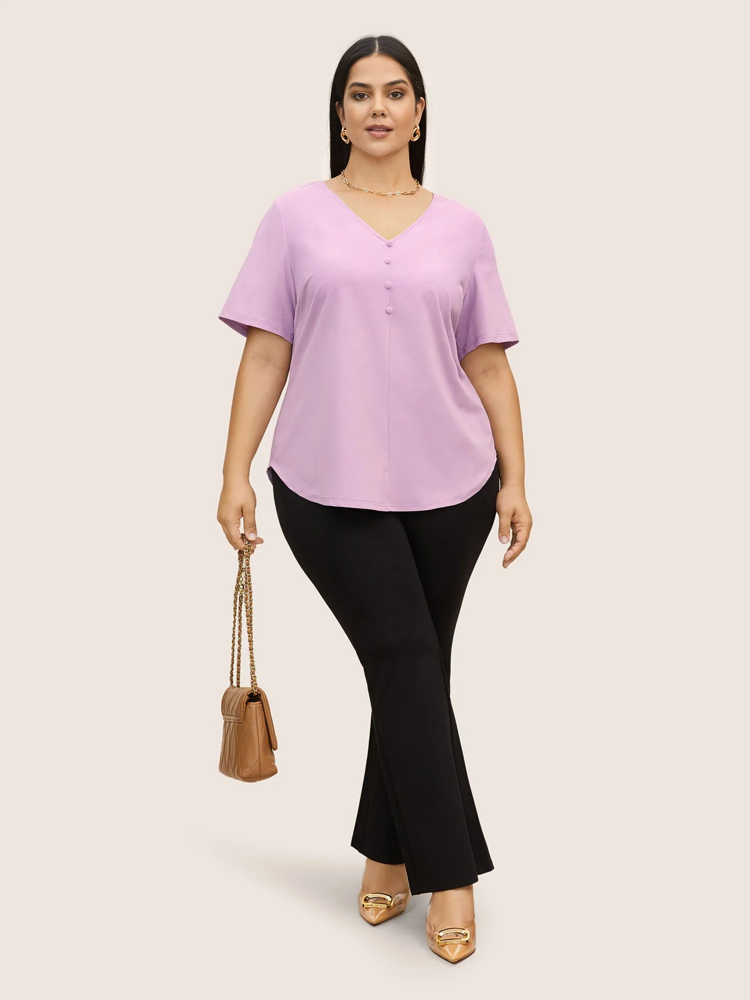 Stretchy Woven Solid Button Detail Blouse sold by Bloomchic product image thumbnail 2