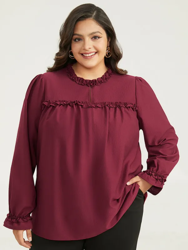 Solid Frill Trim Puff Sleeve Blouse sold by Bloomchic