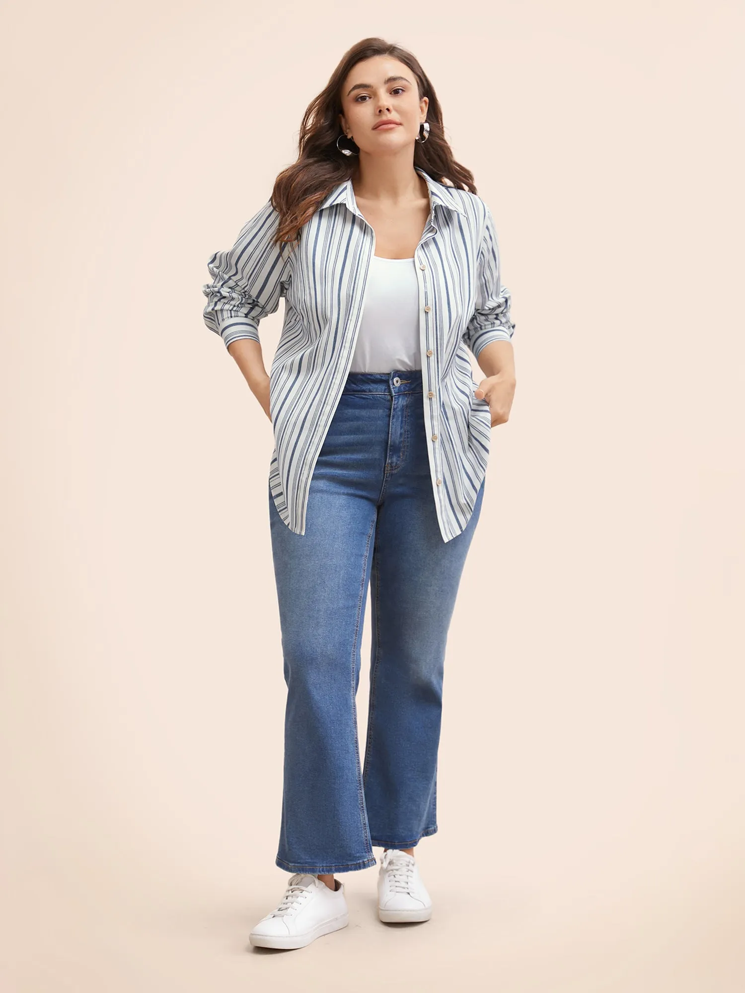 Striped Button Up Curved Hem Blouse sold by Bloomchic product image thumbnail 2