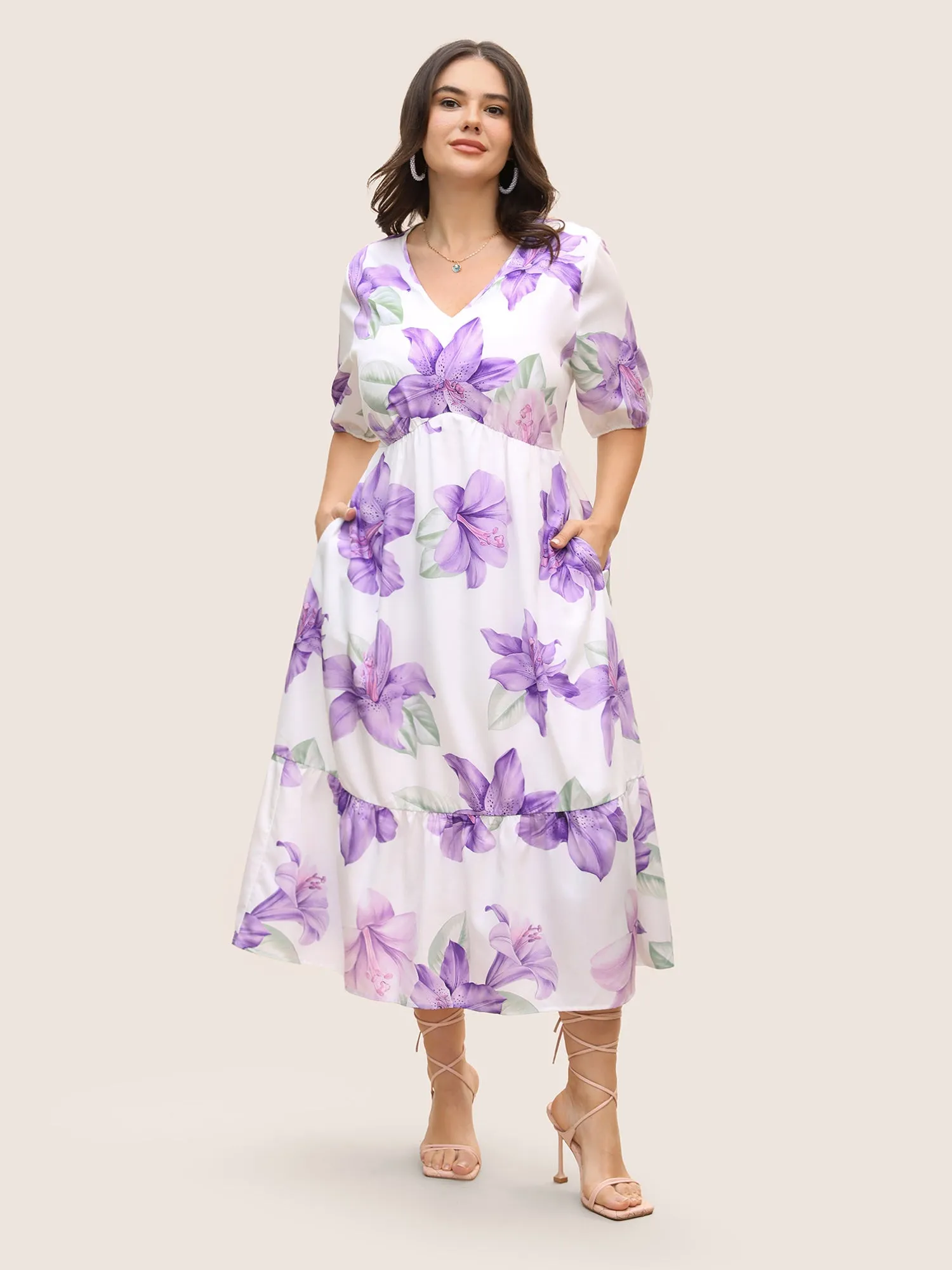 Lily Print Elastic Waist Lantern Sleeve Dress sold by Bloomchic product image thumbnail 3