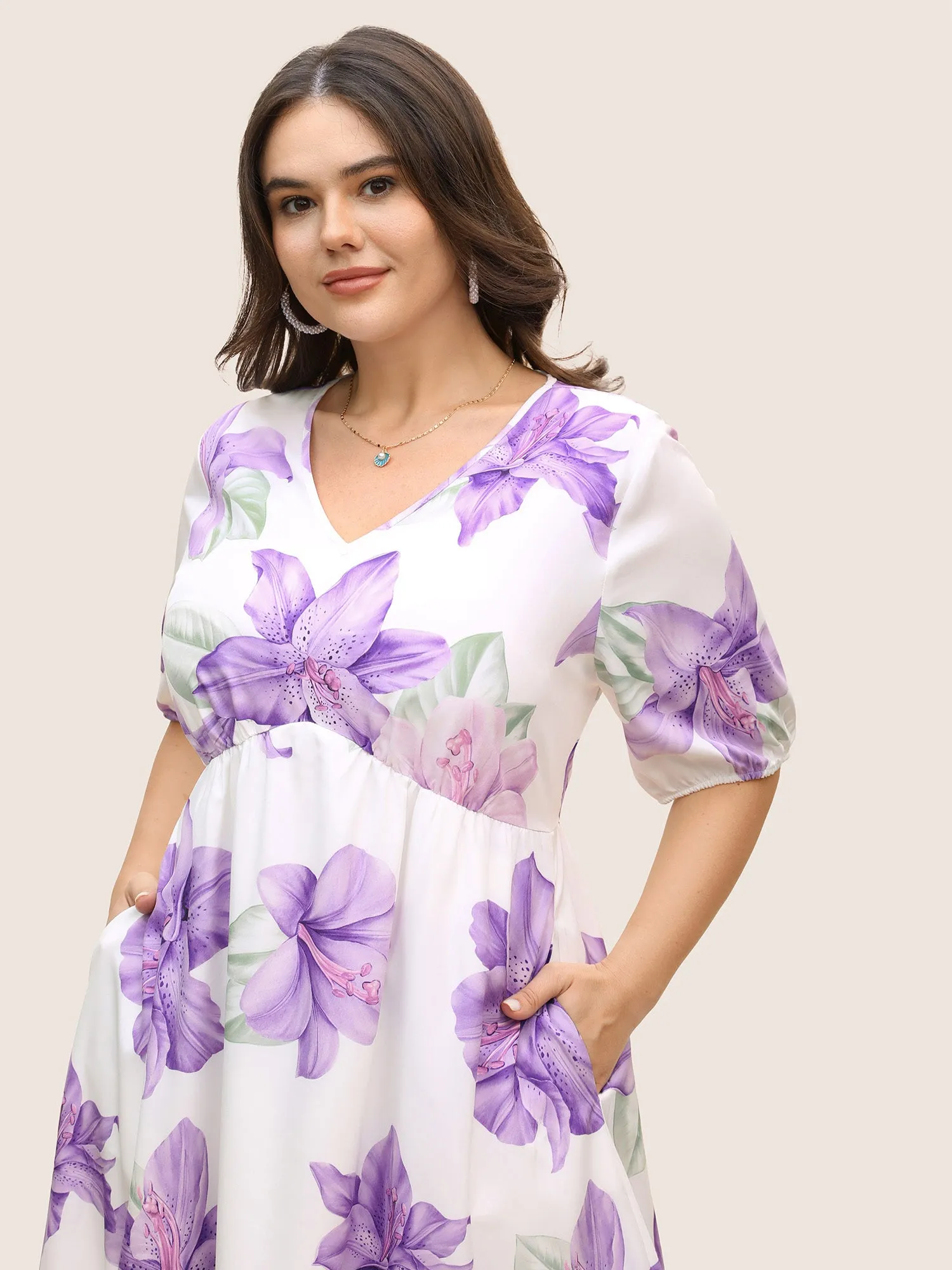 Lily Print Elastic Waist Lantern Sleeve Dress sold by Bloomchic product image thumbnail 4