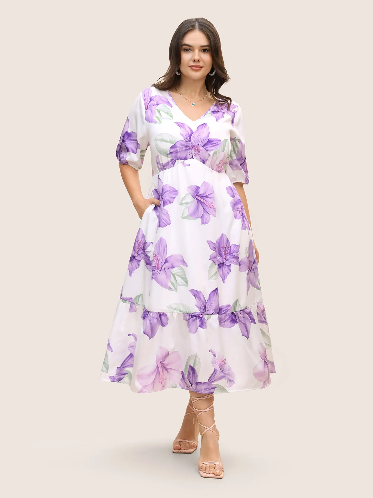 Lily Print Elastic Waist Lantern Sleeve Dress sold by Bloomchic