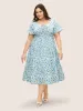 Watercolor Floral Drawstring Ruffle Sleeve Midi Dress sold by Bloomchic