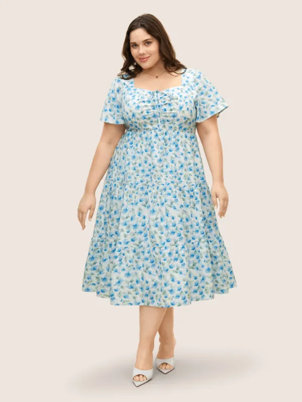 Watercolor Floral Drawstring Ruffle Sleeve Midi Dress sold by Bloomchic
