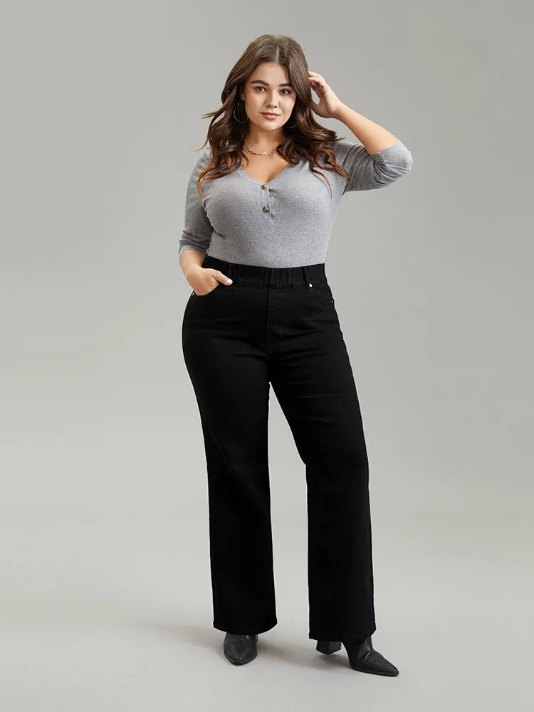 Elastic Waist Black Wash Straight Leg Jeans sold by Bloomchic product image thumbnail 2