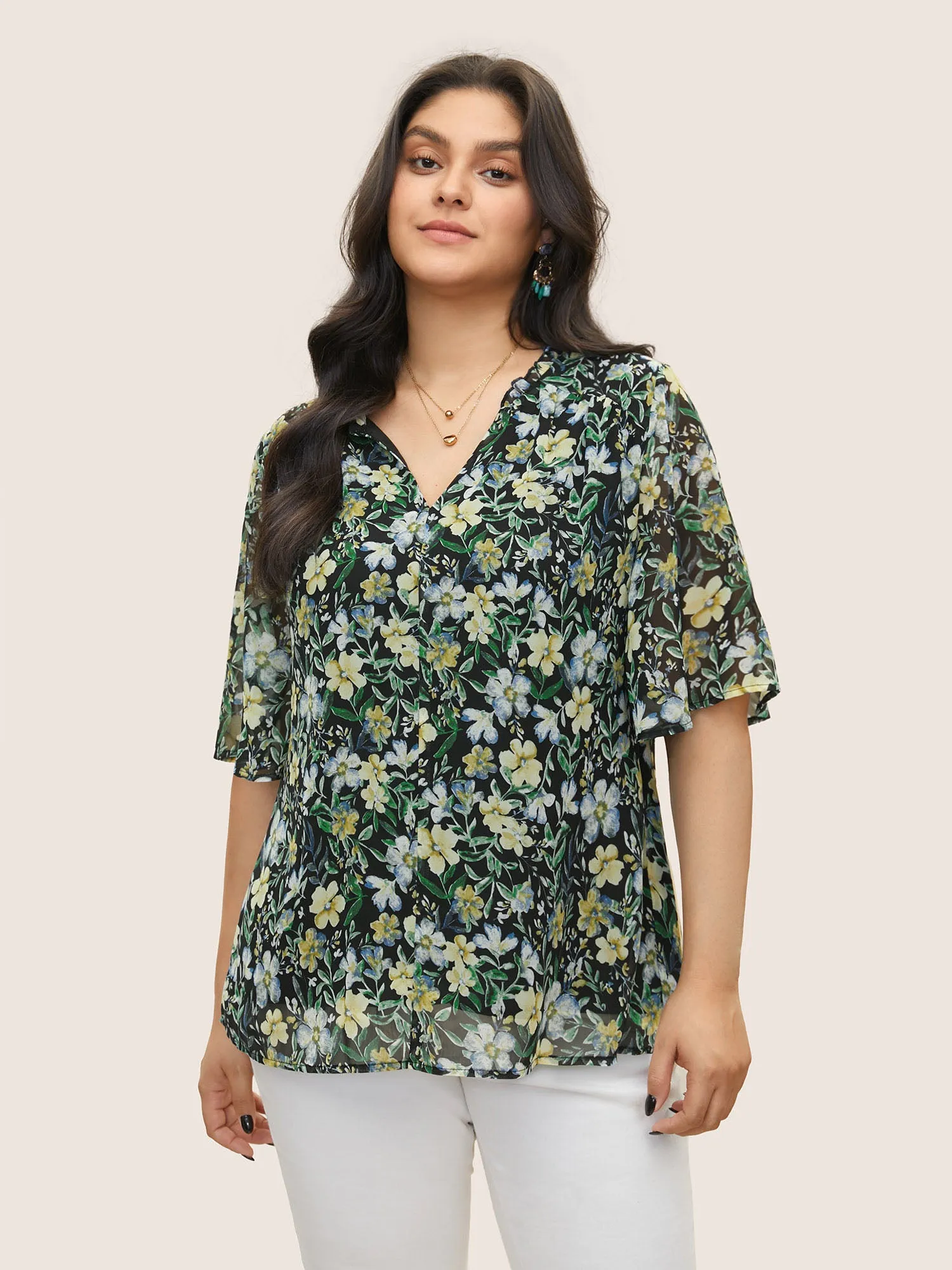 Floral Frill Trim Flutter Sleeve Blouse sold by Bloomchic