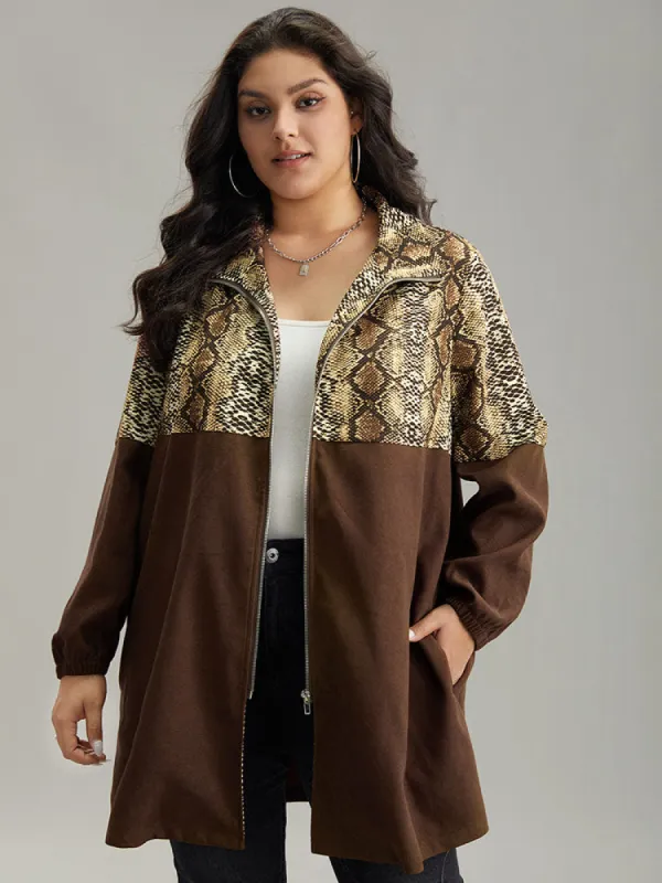 Snakeskin Print Patchwork Contrast Zipper Windbreaker sold by Bloomchic