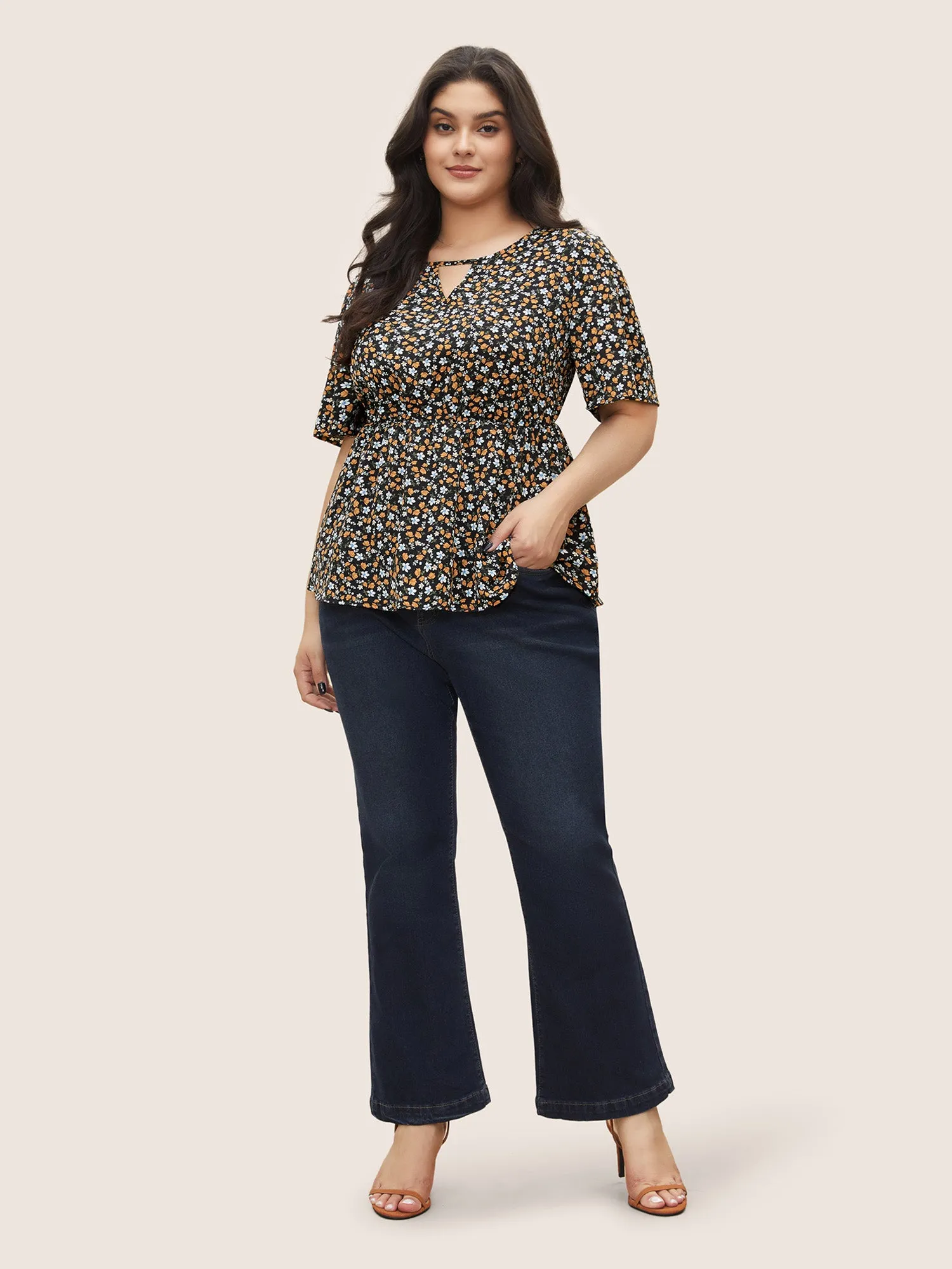 Ditsy Floral Keyhole Elastic Waist Ruffle Sleeve Blouse sold by Bloomchic product image thumbnail 2