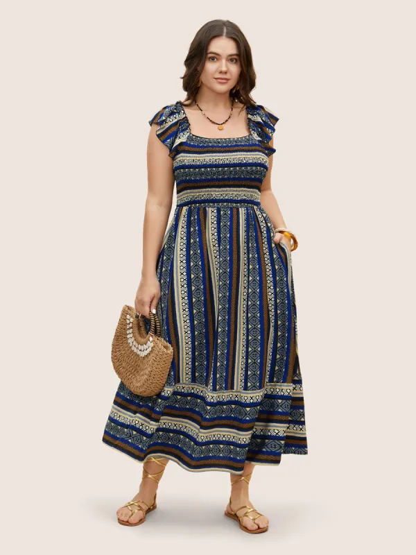 Bandana Striped Shirred Ruffle Trim Dress sold by Bloomchic
