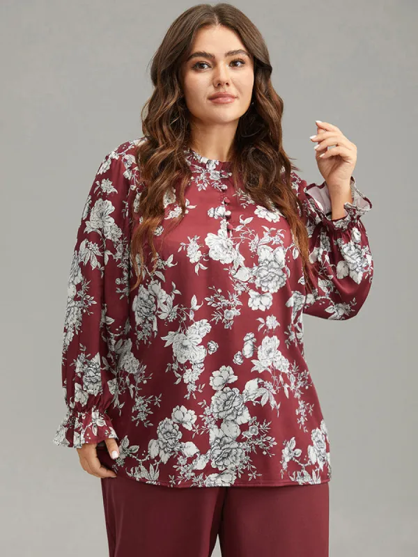 Silhouette Floral Print Frill Trim Button Detail Blouse sold by Bloomchic